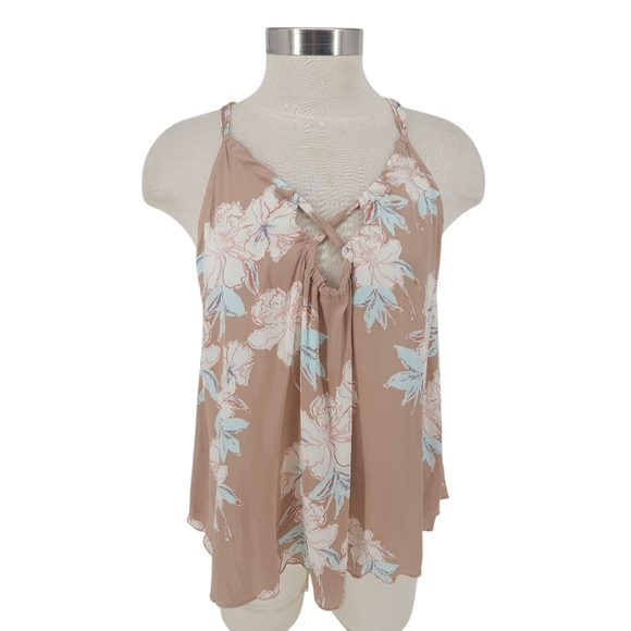Intimately Free People Tank Top Beige Floral Sleeveless Keyhole Tie Back Large - Picture 1 of 10
